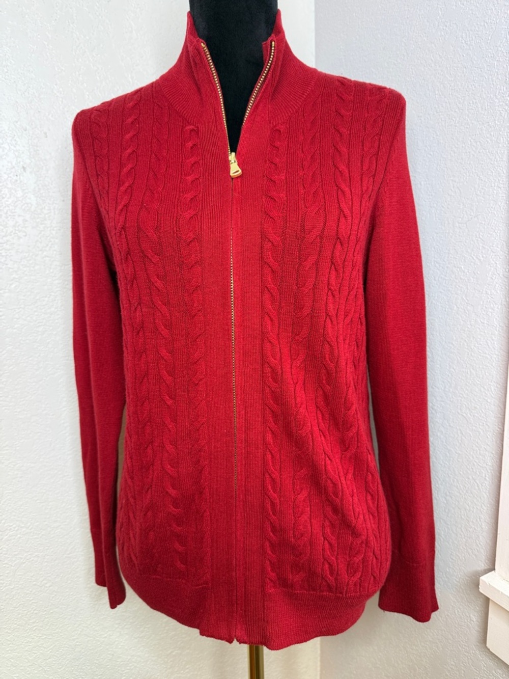 Talbots Red Cable Heritage Knit Zip Cardigan Sweater Medium Preppy Cotton Wool